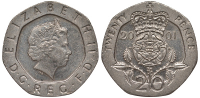 Великобритания 20 пенсов 2001 Елизавета II (1952-2022) KM 990, Spink 4630 (G3) медно-никель 4122-1135