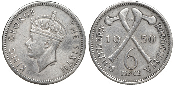 Британская Южная Родезия 6 пенсов 1950 Георг VI (1937-1952) KM 21 медно-никель 00-00