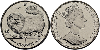 Остров Мэн 1 крона 1997 длинноволосая дымчатая кошка KM 774 медно-никель UNC 4386-534