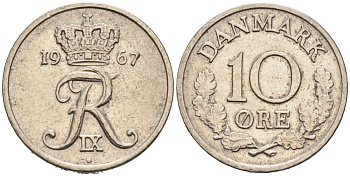 Дания 10 эре 1967 C; S, Фредерик IX (1947-1972) KM 849.1 медно-никель 4564-844