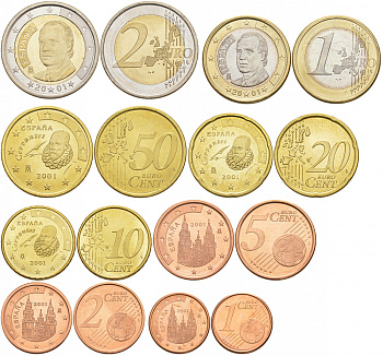 Испания евронабор из 8 монет 2001 1, 2, 5, 10, 20, 50 евроцентов, 1 и 2 евро KM 1040, 1041, 1042, 1070, 1071, 1072, 1073, 1074 UNC 183-131