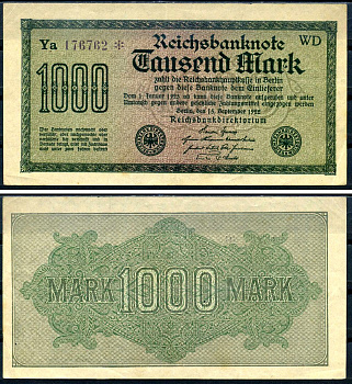 Германия 1000 марок 1922 выпуск 15 сентября 1922, водяной знак D, белая бумага, серия WS, буква Ya Pick 76 d (5) бумага 8617-45-1-1