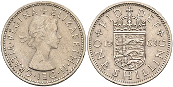 Великобритания 1 шиллинг 1963 Елизавета II (1952-2022), Английский герб KM 904, Spink 4147 медно-никель    4150-533