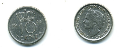 Нидерланды 10 центов 1948 Вильгельмина (1895-1948) KM 177 никель 54-1135