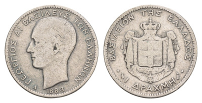 Греция 1 драхма 1883 Георг I (1863-1913) KM 38 серебро 4655-457