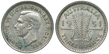 Австралия 3 пенса 1951 m, Георг VI (1937-1952), без букв KM 44 серебро 71-331