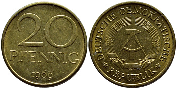 ГДР 20 пфеннигов 1969 А, первый год KM 11 латунь UNC 73-341
