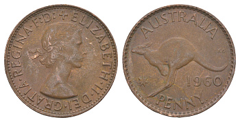 Австралия 1 пенни 1960 . , Елизавета II (1952-2022), кенгуру KM 56 бронза 82-1143