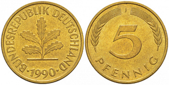 ФРГ 5 ПФЕННИГОВ 1990 J KM 107, J. 382 сталь плакированная латунью UNC 4396-1655