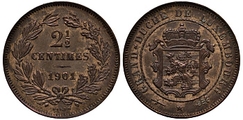 Люксембург 2 1/2 сантима 1901 великий герцог Адольф (1890-1905), BARTH КМ 21 бронза 4538-756