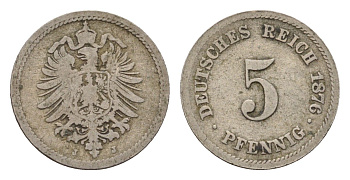 Германия 5 пфеннигов 1876 J, Вильгельм I (1861-1888) KM 3, J. 3 медно-никель 4611-1059