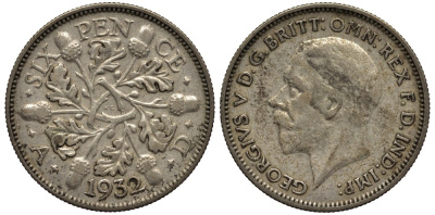 Великобритания 6 пенсов 1932 Георг V (1910-1936) KM 832, Spink 4041 серебро 4538-346