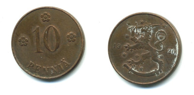 Финляндия 10 пенни 1920 республика (1918-1962) KM 24 медь 37-1244