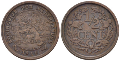 Нидерланды 1/2 цента 1916 Вильгельмина (1890-1948) KM 138 бронза 39-211