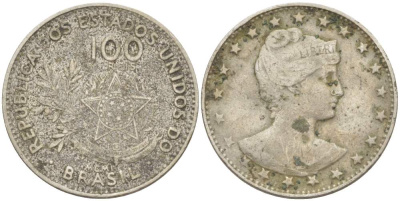 БРАЗИЛИЯ 100 РЕЙС 1901 ГОЛОВА СВОБОДЫ ВПРАВО, РИМСКАЯ НУМЕРАЦИЯ ДАТЫ KM 503 медно-никель 4529-537