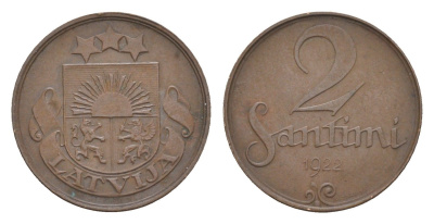 Латвия 2 сантима 1922 KM 2 бронза 4658-1136