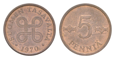 Финляндия 5 пенни 1970 KM 45 медь 4647-261