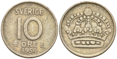 Швеция 10 эре 1954 Густав VI Адольф (1950-1973) KM 823 серебро 4147-868