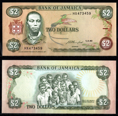 Ямайка 2 доллара 1993 Pick 69 e бумага UNC (пресс) 8602-15-3-1