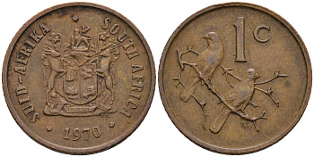 ЮАР 1 ЦЕНТ 1970 ГЕРБ, КАПСКИЕ ВОРОБЬИ KM 82 бронза 4588-1251