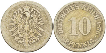 ГЕРМАНИЯ 10 ПФЕННИГОВ 1876 A, СТАРОГЕРБОВКА KM 4, J. 4, Weege 7 медно-никель 261-1222