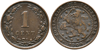 НИДЕРЛАНДЫ 1 ЦЕНТ 1900 ВИЛЬГЕЛЬМИНА I (1890-1948) KM 107 бронза 100-564