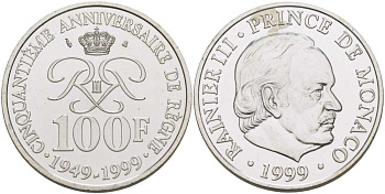 Монако 100 франков 1999 50 лет правления Ренье III KM 175 серебро UNC 1087-6-11