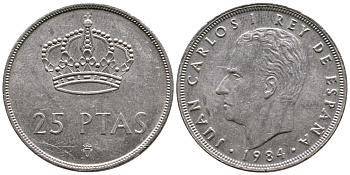 ИСПАНИЯ 25 ПЕСЕТ 1984 ХУАН КАРЛОС KM 824 медно-никель 4110-1544