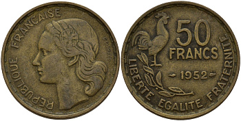 Франция 50 франков 1952 B, Петух KM 918.1, Le Franc 425.5 алюминиевая бронза 4157-223