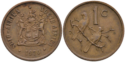 ЮАР 1 ЦЕНТ 1970 ГЕРБ, КАПСКИЕ ВОРОБЬИ KM 82 бронза 4588-1251