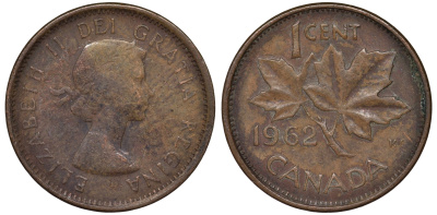 Канада 1 цент 1962 Елизавета II (1952-2022), кленовый лист  KM 49 бронза 4596-419