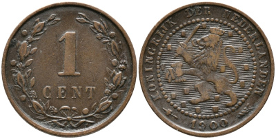 НИДЕРЛАНДЫ 1 ЦЕНТ 1900 ВИЛЬГЕЛЬМИНА I (1890-1948) KM 107 бронза 100-564