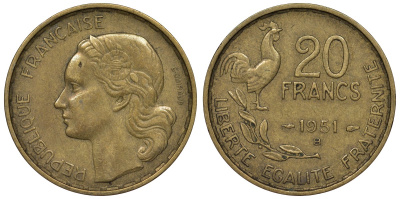 Франция 20 франков 1951 В, петух, 4 пера KM 917.2, Le Franc 402.8 алюминиевая бронза 4128-541