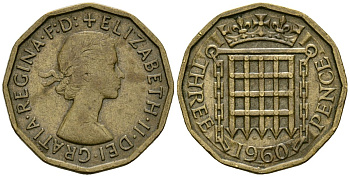 Великобритания 3 пенса 1960 Елизавета II (1952-2022) KM 900, Spink 4153 никель латунь 4167-1245