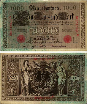 Германия 1000 марок 1910 21 апреля 1910, красная печать, номер семизначный, серия G, буква L, выпуск АПРЕЛЬ - ИЮЛЬ 1918 Pick 44 b бумага 434-4-2-2
