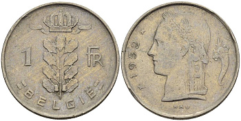 Бельгия 1 франк 1952 Belgie, Бодуэн I (1951-1993) KM 143.1 медно-никель 4546-336