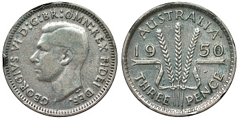 Австралия 3 пенса 1950 m, Георг VI (1937-1952), без букв KM 44 серебро 71-248