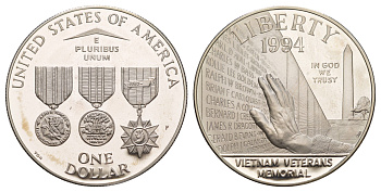 США 1 доллар 1994 P, Мемориал ветеранов Вьетнама KM 250 серебро PROOF 11-266-24