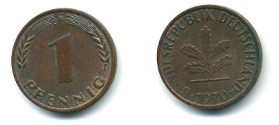 ФРГ 1 ПФЕННИГ 1970 F KM 105, J.380 сталь плакированная медью 3999-1041