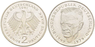 ФРГ 2 марки 1981 J, КУРТ ШУМАХЕР KM 149, J. 324 медно-никель плакированный никелем 117-711