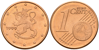 Финляндия 1 евроцент 1999  KM 98 сталь плакированная медью  UNC  4189-159