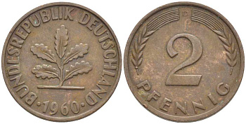 ФРГ 2 ПФЕННИГА 1960 D KM 106, J. 381 бронза 116-315