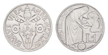 Ватикан 1 лира 1975 Священный год KM 124 алюминий UNC 4632-867