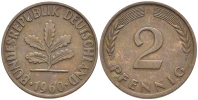 ФРГ 2 ПФЕННИГА 1960 D KM 106, J. 381 бронза 116-315