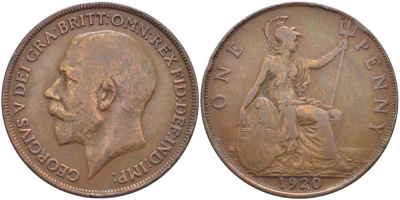 Великобритания 1 пенни 1920 Георг V (1910-1936) KM 810, Spink 4051 бронза 115-211