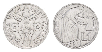 Ватикан 1 лира 1975 Священный год KM 124 алюминий UNC 4632-867