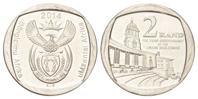 ЮАР 2 ранда 2014 100 лет Зданию Союза медь плакированная никелем UNC 4628-343