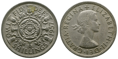 Великобритания 2 шиллинга (флорин) 1957 Елизавета II (1952-2022) KM 906, Spink 4146 медно-никель 4382-125
