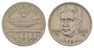 Бразилия 400 реалов 1936 Освалду Крус KM 539 медно-никель 4624-1221
