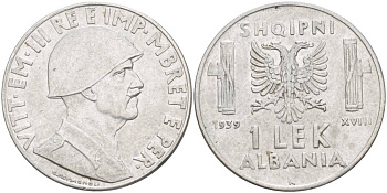 Албания 1 лек 1939 R, год XVIII, Итальянская оккупация, вторая мировая KM 31 нержавеющая сталь 4538-213